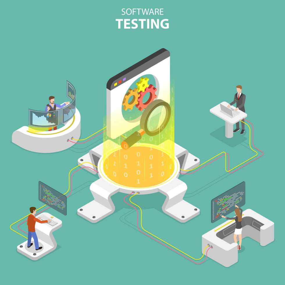 Isometric flat concept of software quality assurance, SQA. vector