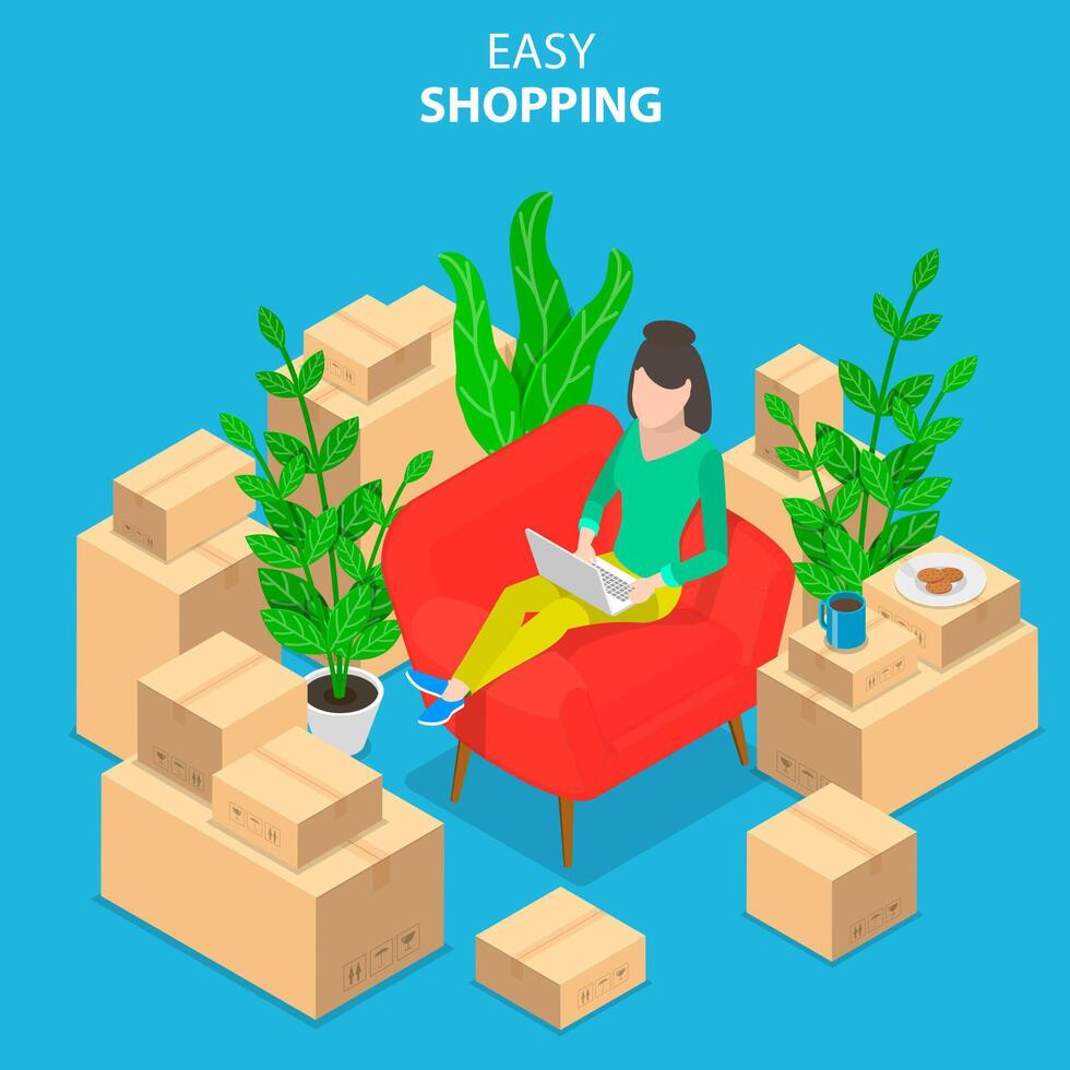 Flat isometric concept of easy shopping, e-commerce, online store. vector