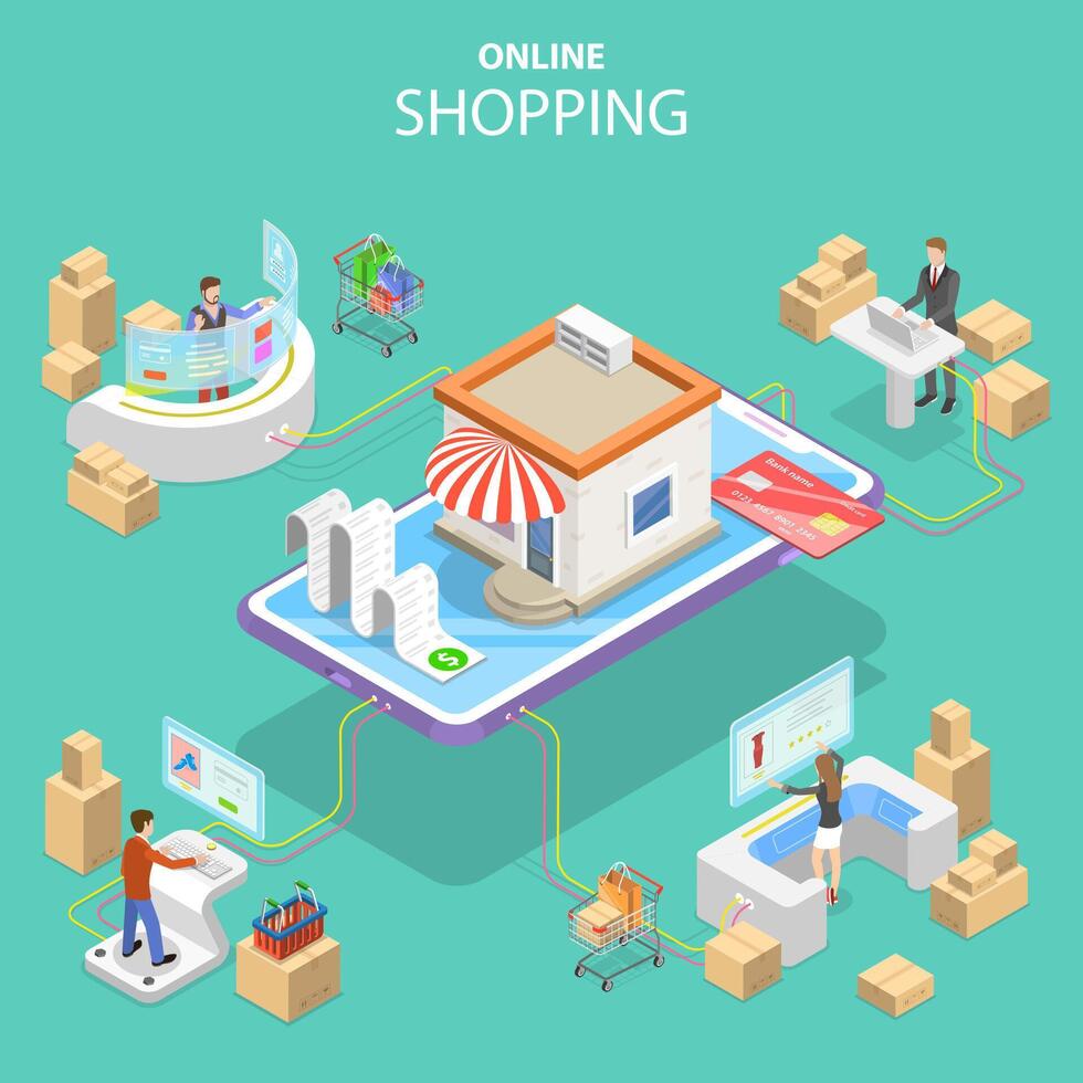 Flat isometric concept of easy shopping, e-commerce. vector