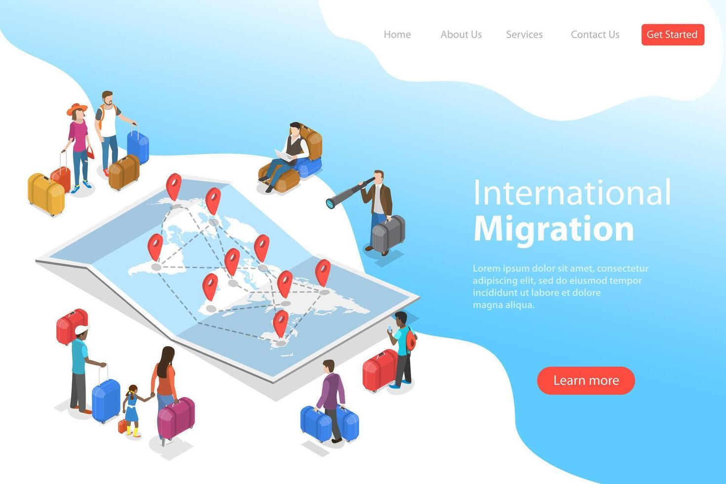 Isometric flat landing page template of international migration. vector