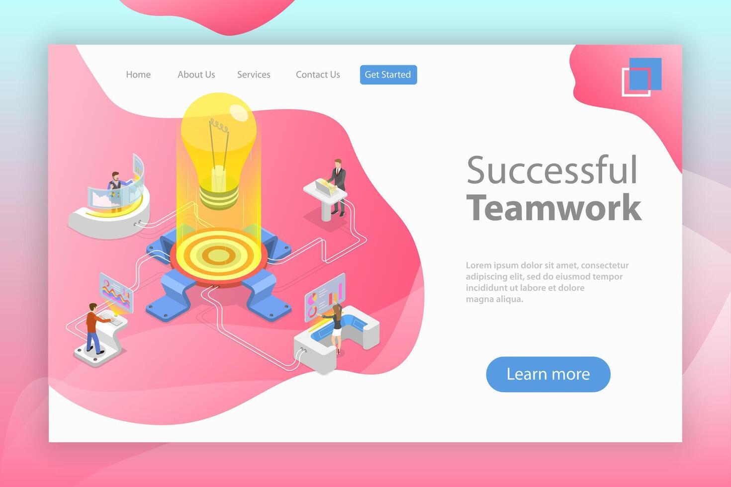 Flat isometric landing pagte template of effective teamwork. vector