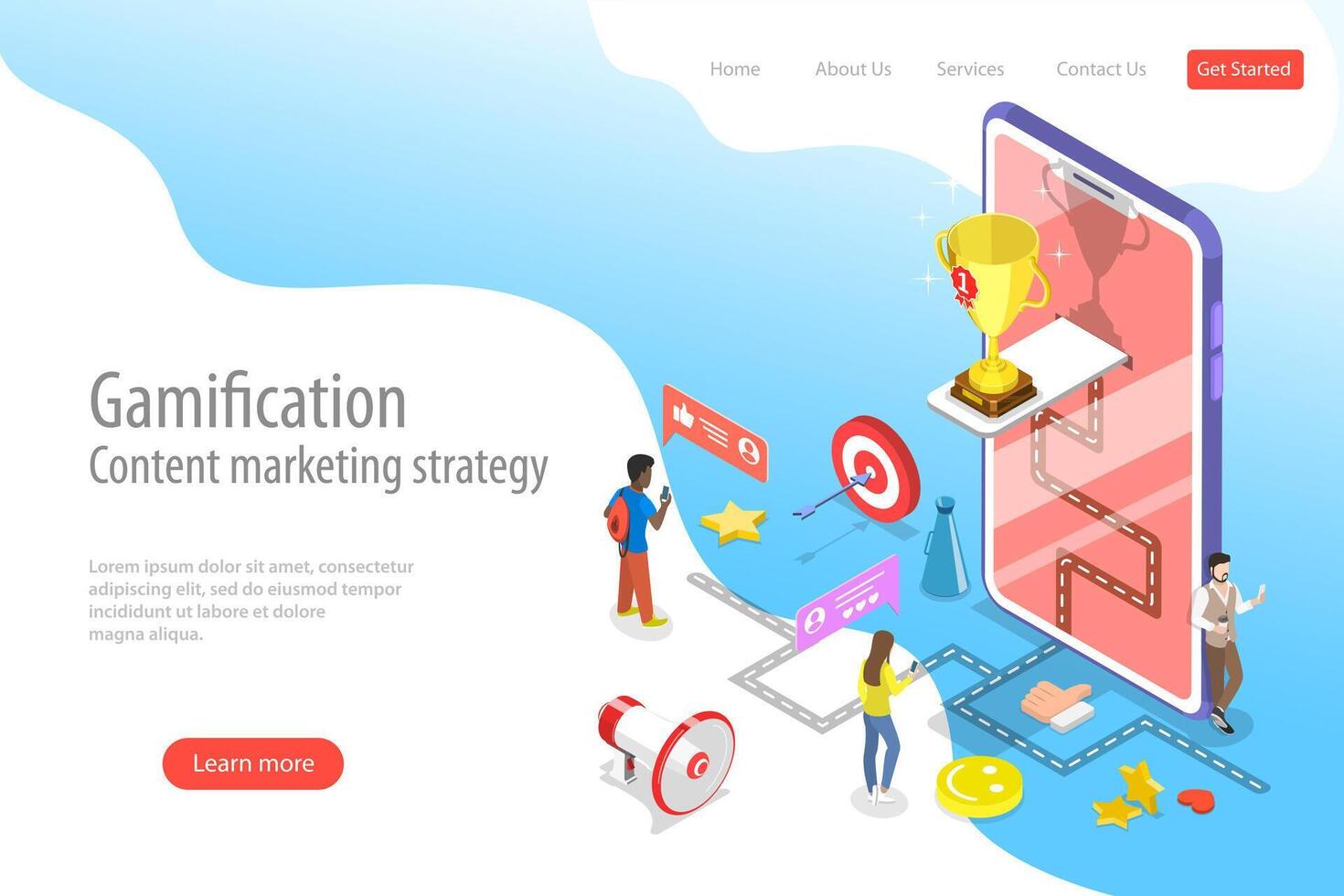 Isometric flat landing pate template of gamification, interactive content. vector