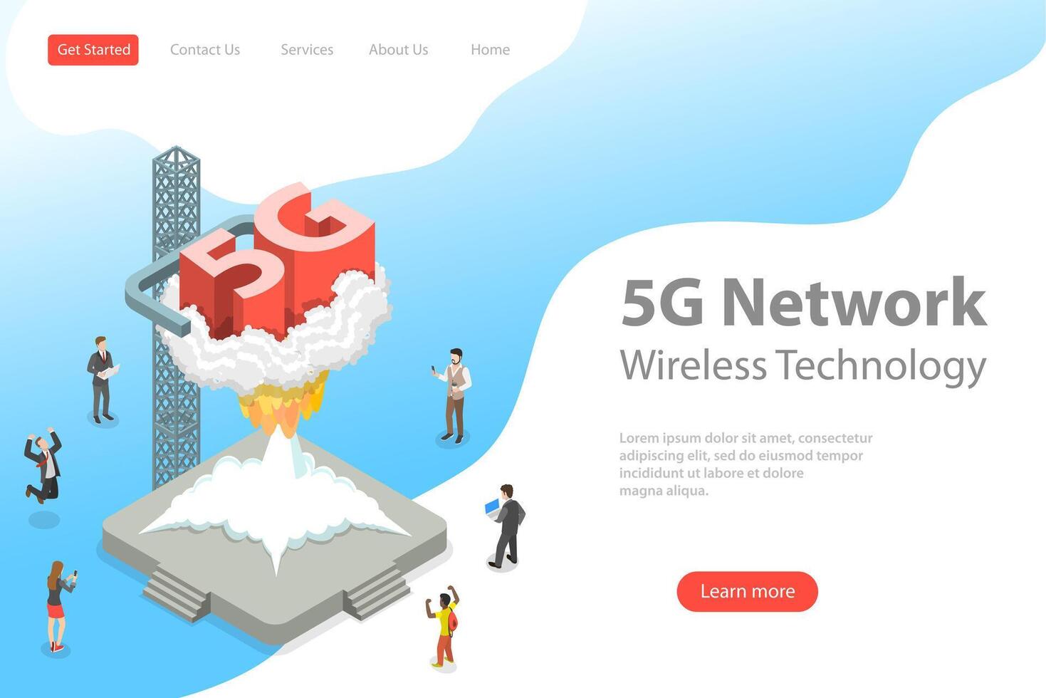 isométrica plano aterrizaje página modelo de 5g , global inalámbrico red. vector