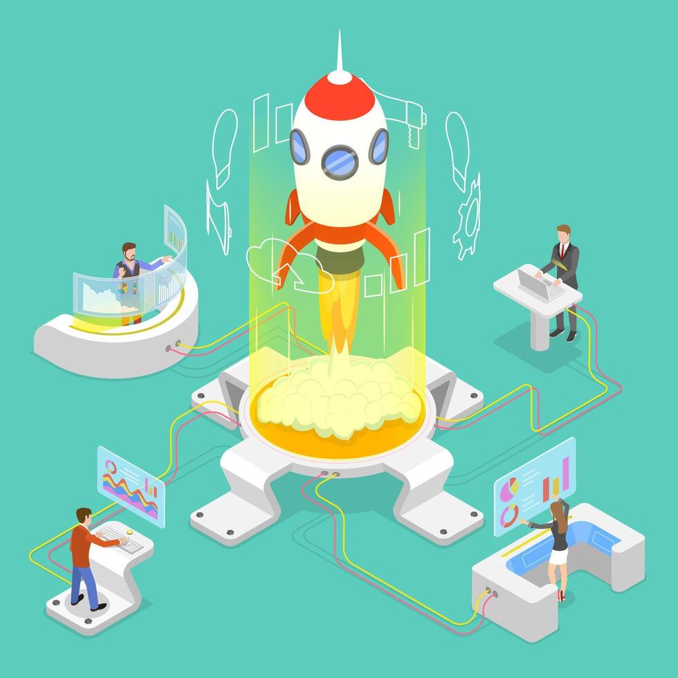 Flat isometric concept of new business startup. vector