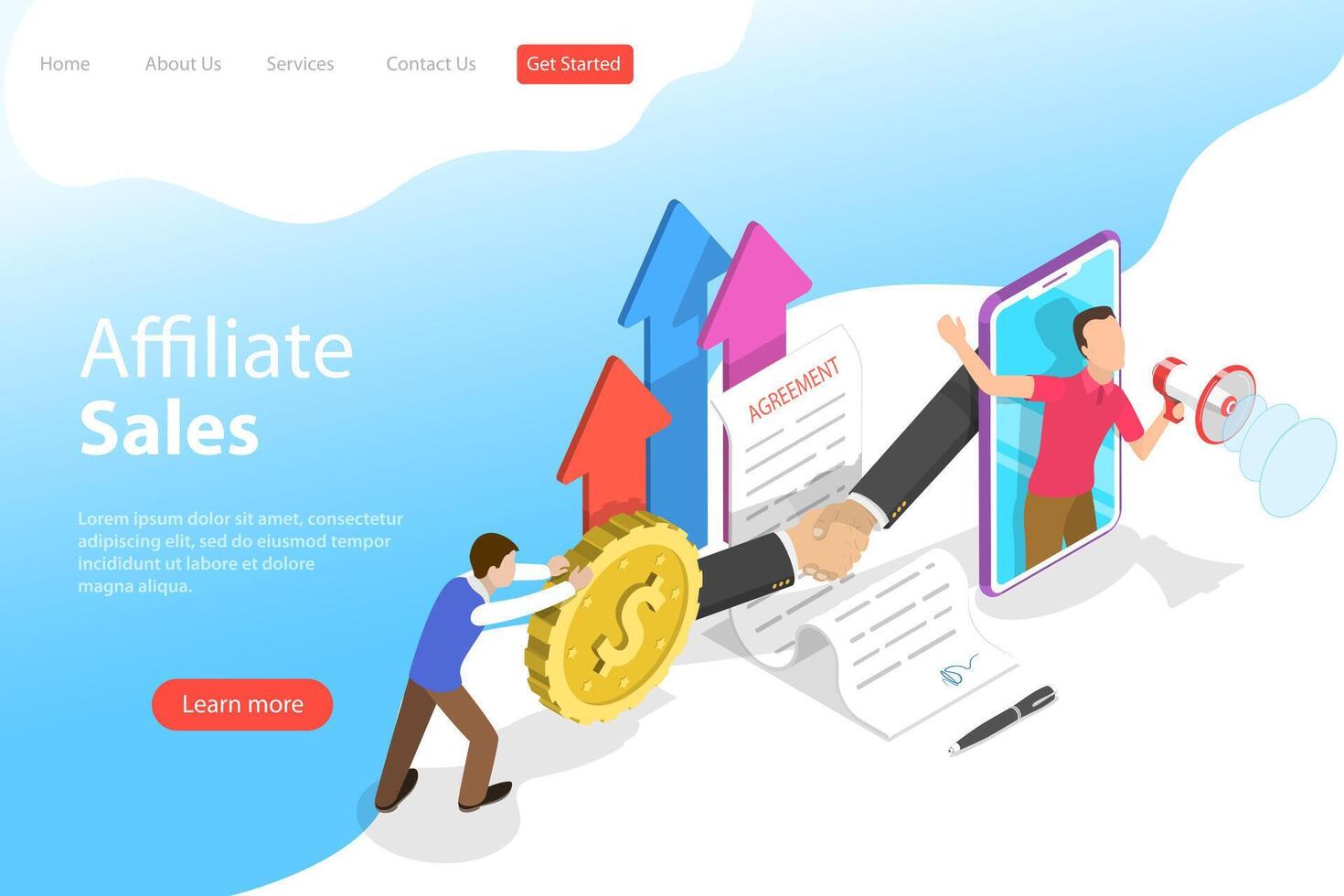 Isometric flat landing page template of affiliate sales. vector
