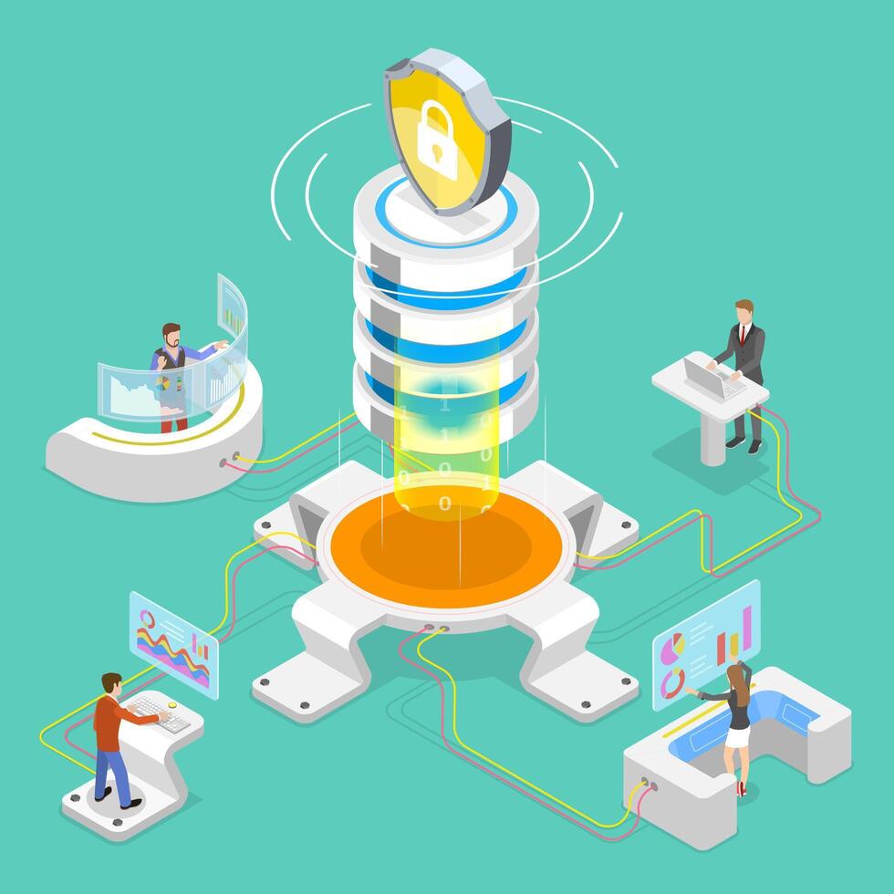 Flat isometric concept of secure online storage, big data. vector