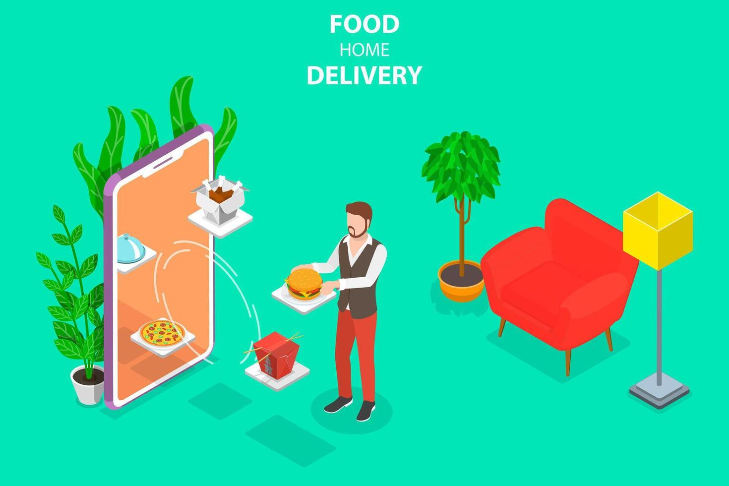 Isometric flat concept of food home delivery, online ordering. vector