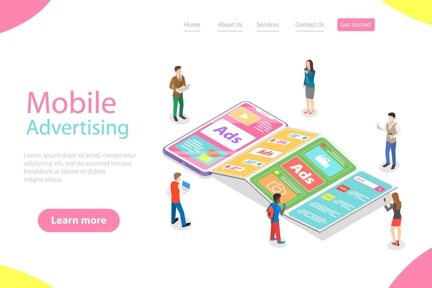 Flat isometric landing page template of mobile advertising. vector