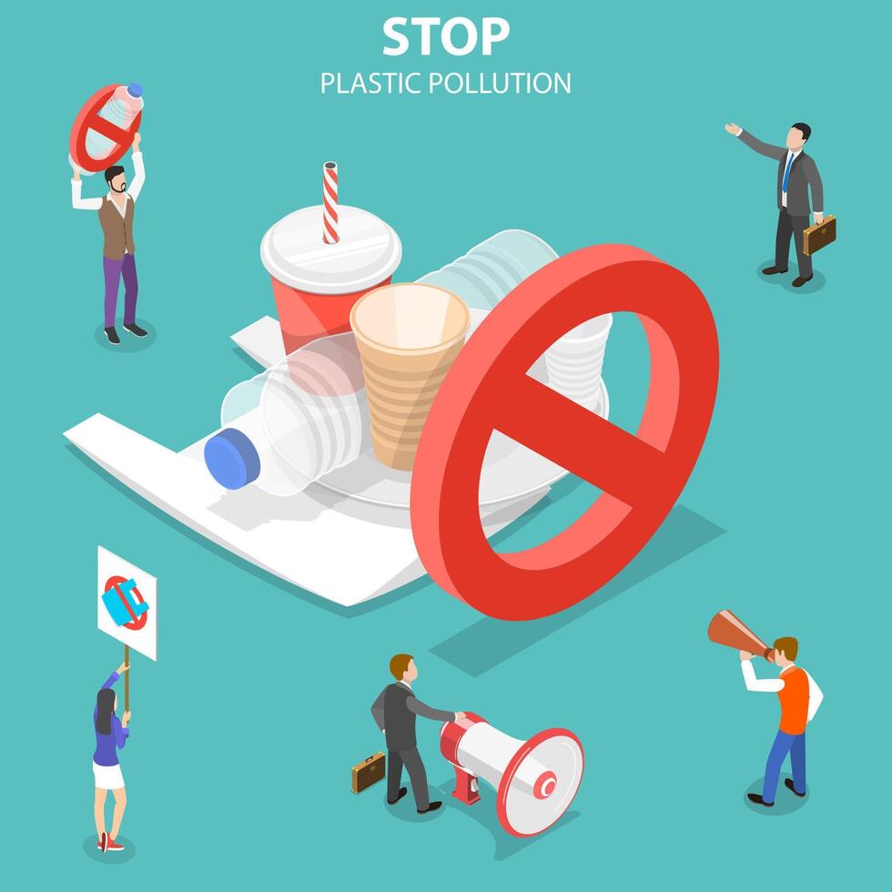 isométrica plano concepto de detener el plastico contaminación. vector