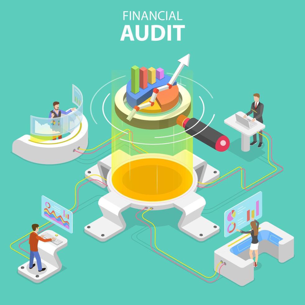 Flat isometric concept of financial audit service, tax examination report vector