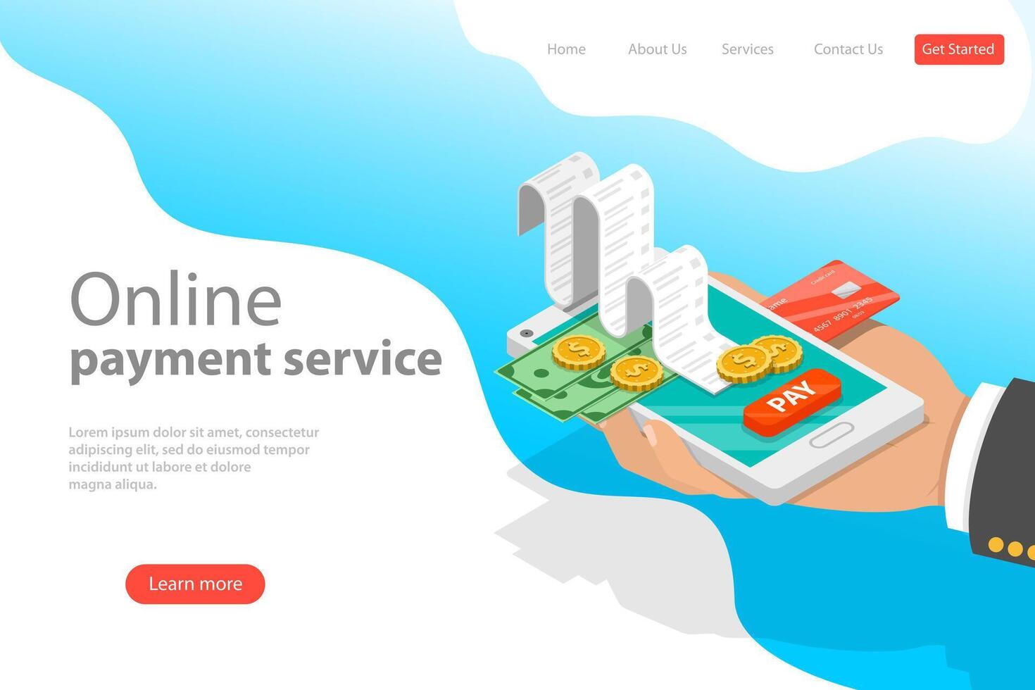 Flat isometric landing page template of online payment service. vector