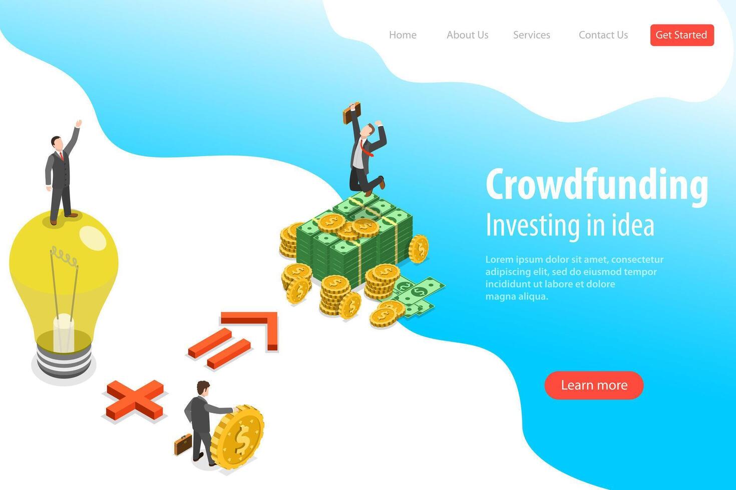Isometric flat landing page template of crowdfunding, investing in idea. vector