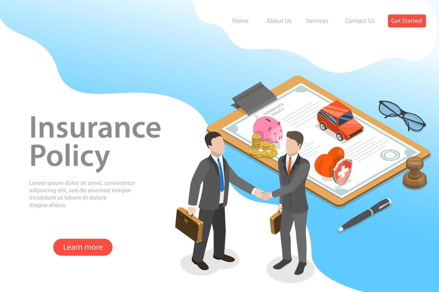 isométrica plano aterrizaje página modelo de seguro trato, política. vector