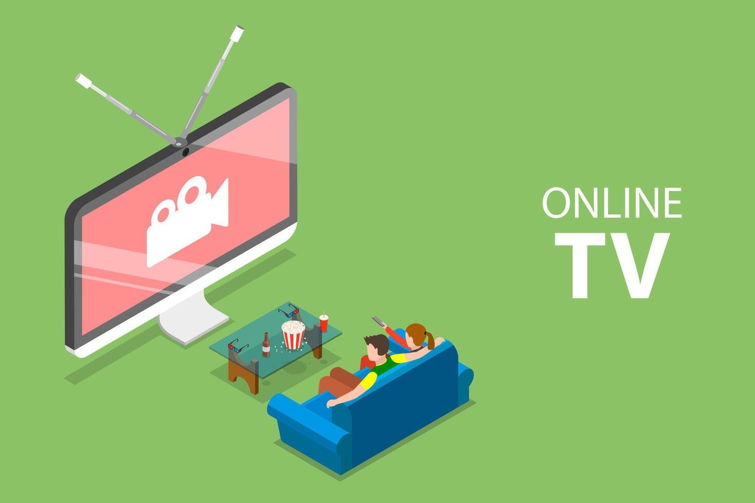 Isometric flat concept of smart TV, home entertainment, movie online. vector