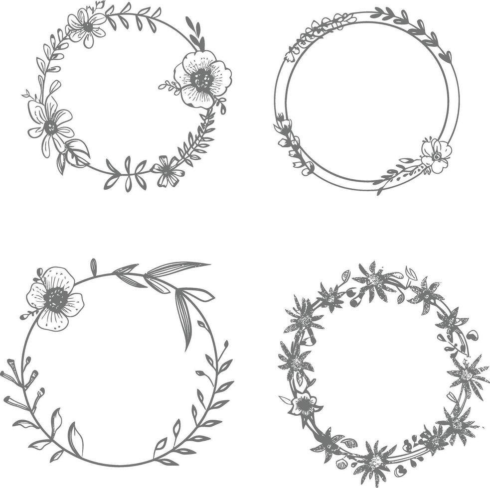 floral round line frames wedding invitation element black color only vector