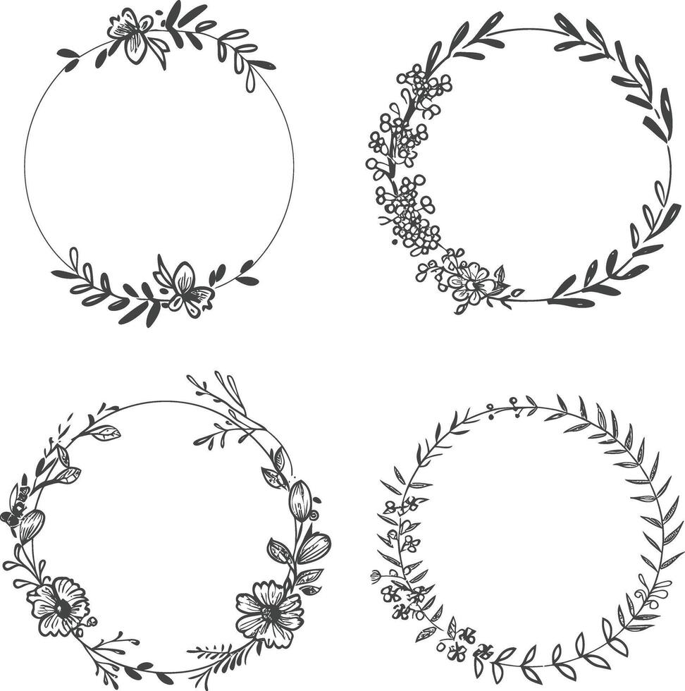 floral round line frames wedding invitation element black color only vector