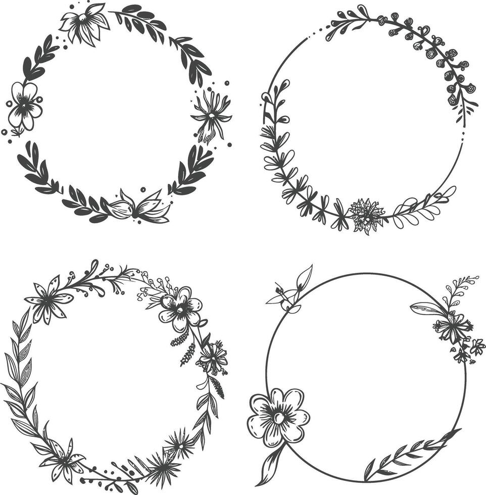 floral round line frames wedding invitation element black color only vector