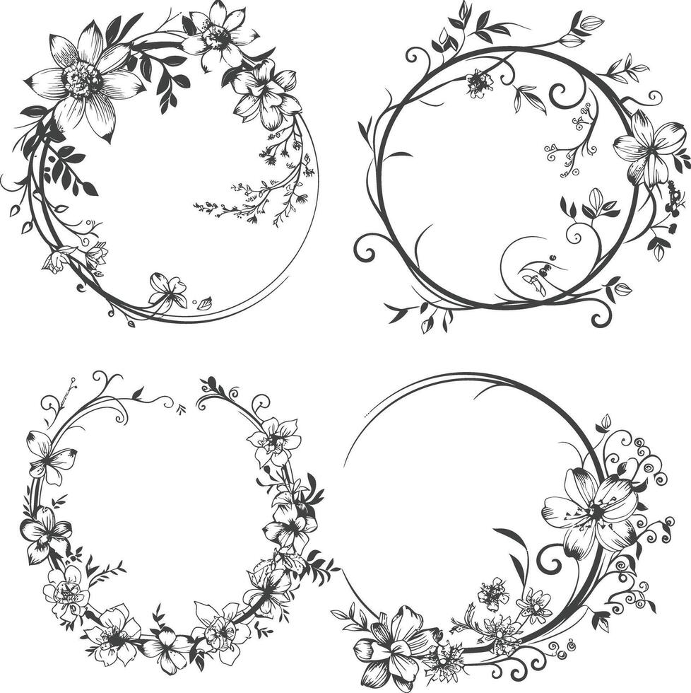 floral round line frames wedding invitation element black color only vector