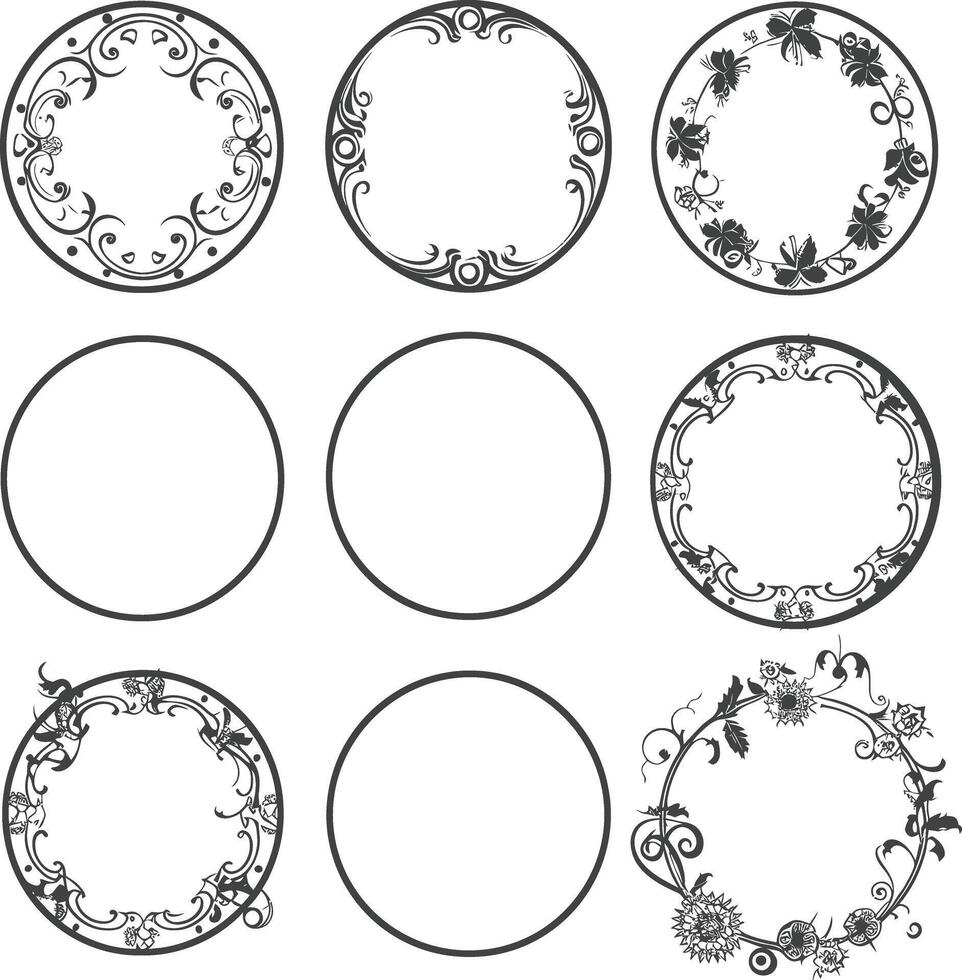 floral round line frames wedding invitation element black color only vector