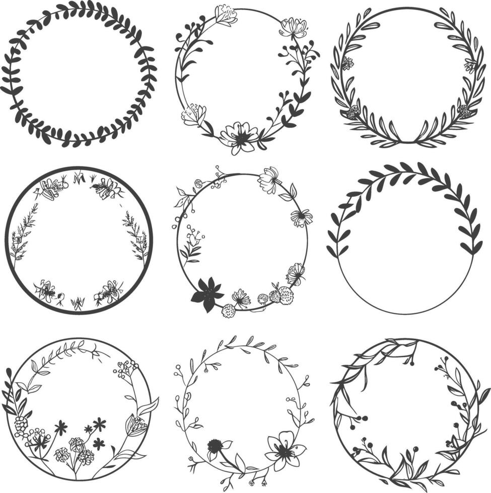 floral round line frames wedding invitation element black color only vector