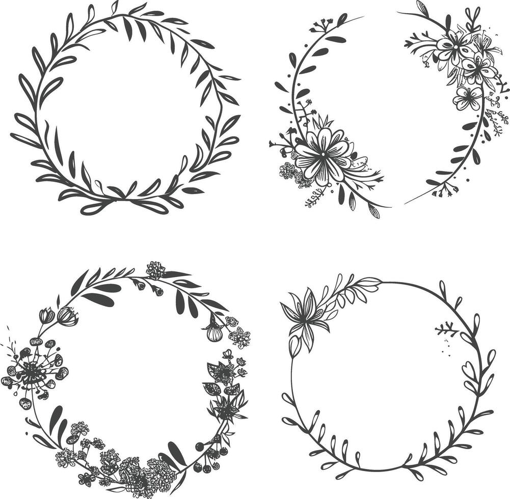 floral round line frames wedding invitation element black color only vector