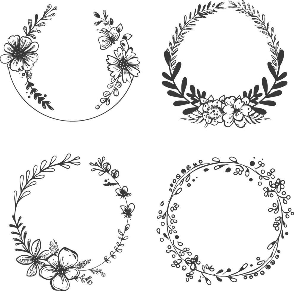 floral round line frames wedding invitation element black color only vector