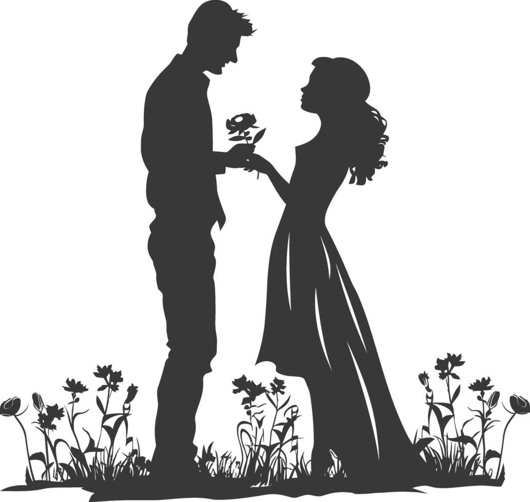 Silhouette wedding proposal by couple black color only vector