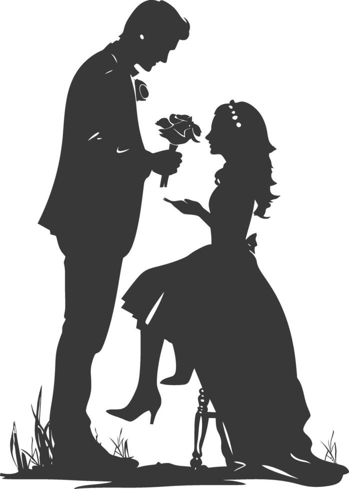 Silhouette wedding proposal by couple black color only vector