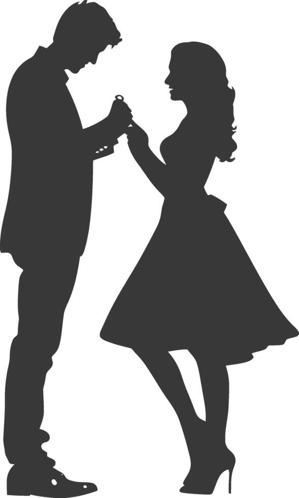 Silhouette wedding proposal by couple black color only vector