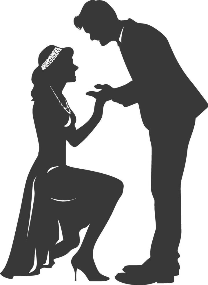 Silhouette wedding proposal by couple black color only vector