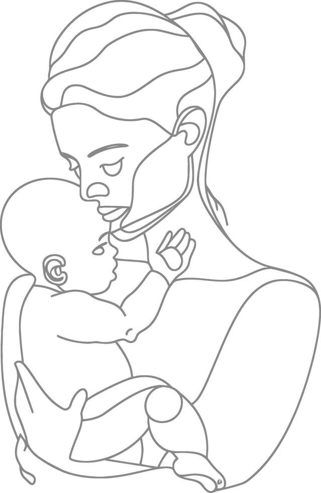 One continuous line drawing of mother holding baby black color only vector