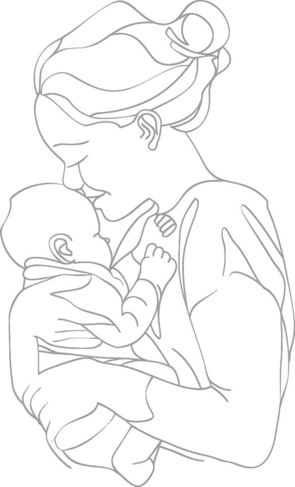 One continuous line drawing of mother holding baby black color only vector