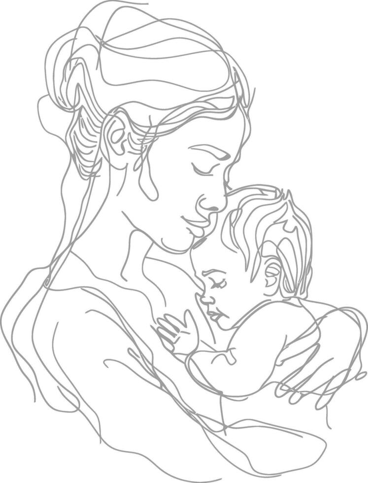 One continuous line drawing of mother holding baby black color only vector