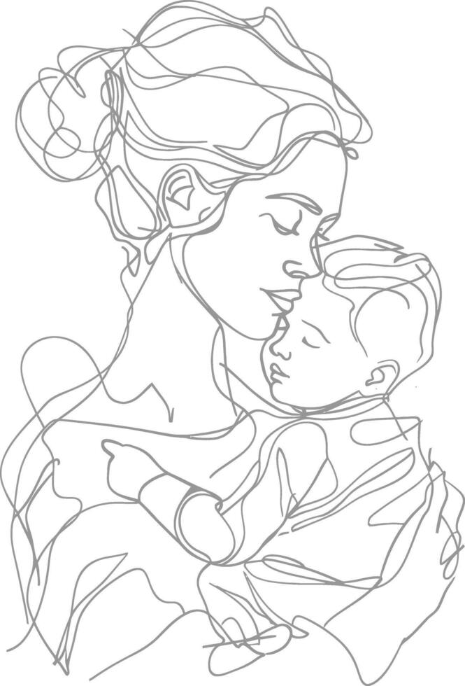 One continuous line drawing of mother holding baby black color only vector