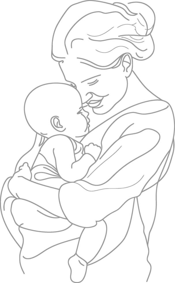 One continuous line drawing of mother holding baby black color only vector