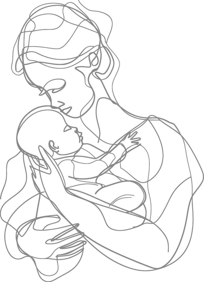 One continuous line drawing of mother holding baby black color only vector