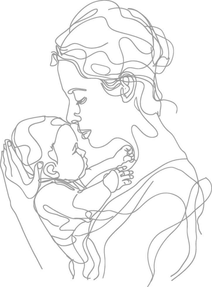 One continuous line drawing of mother holding baby black color only vector