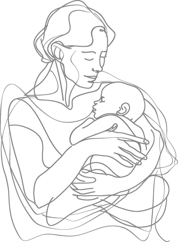 One continuous line drawing of mother holding baby black color only vector