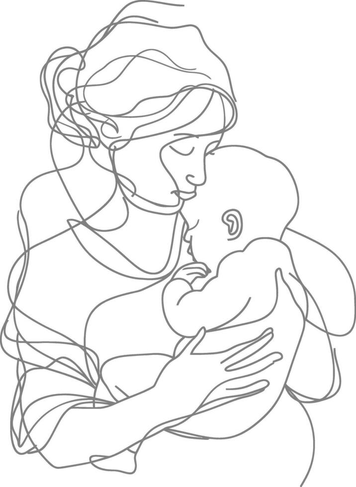 One continuous line drawing of mother holding baby black color only vector