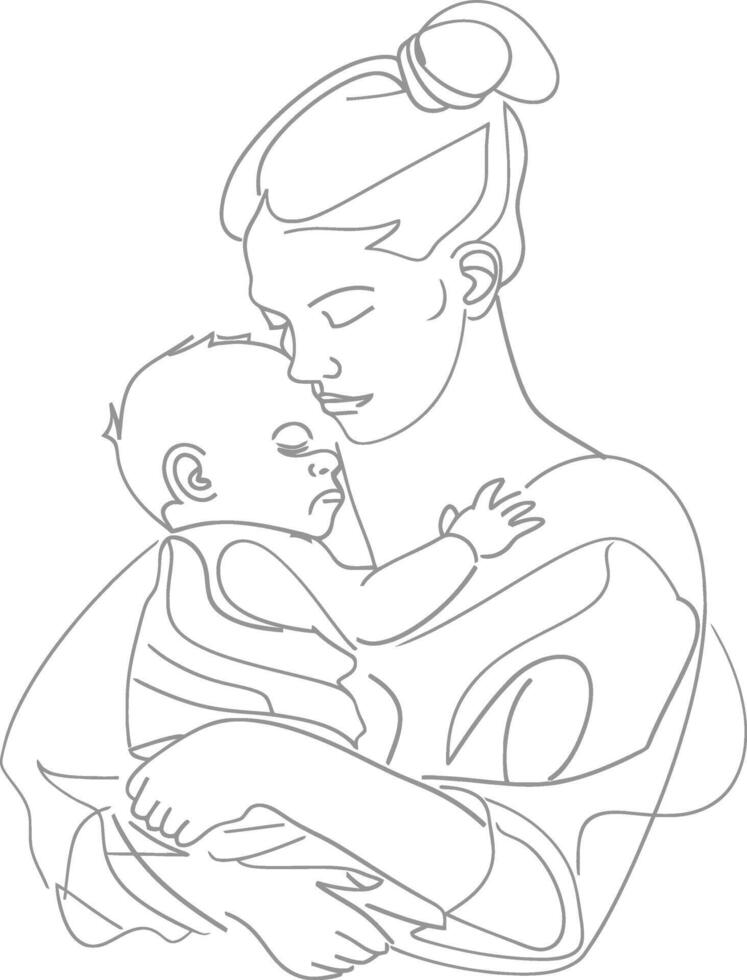 One continuous line drawing of mother holding baby black color only vector