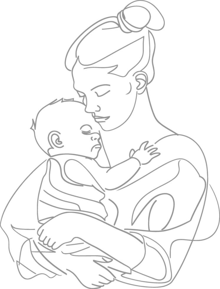 One continuous line drawing of mother holding baby black color only vector