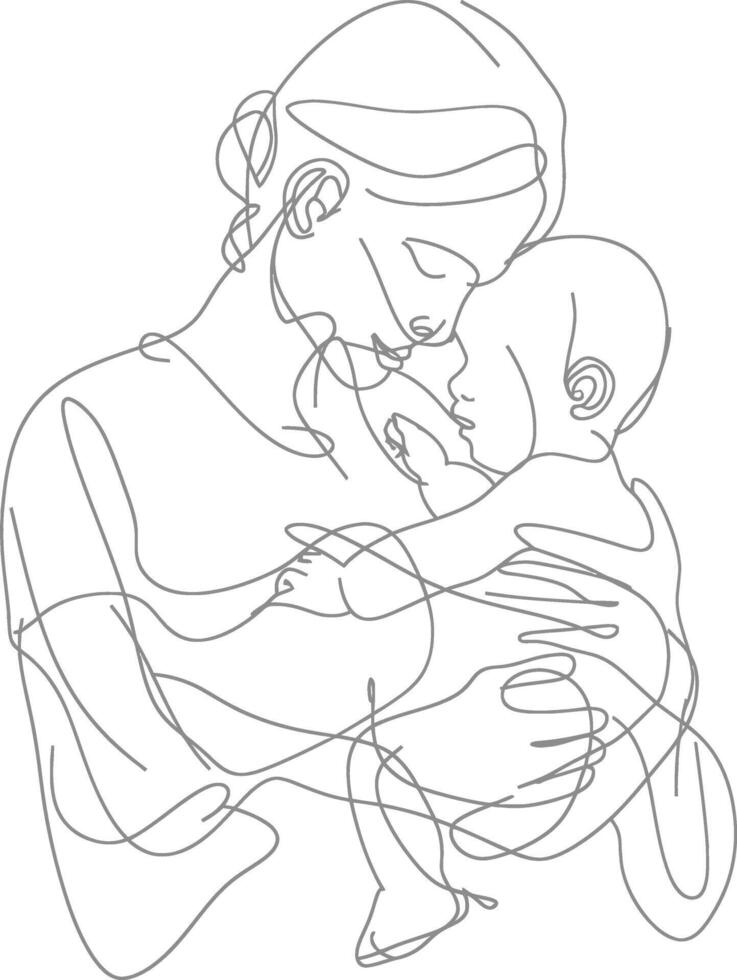 One continuous line drawing of mother holding baby black color only vector