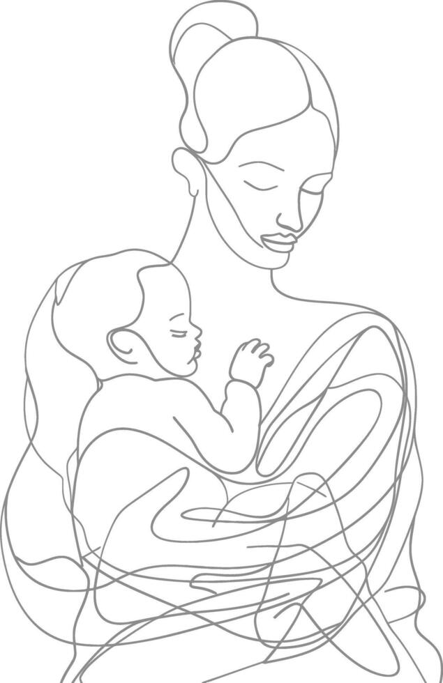 One continuous line drawing of mother holding baby black color only vector