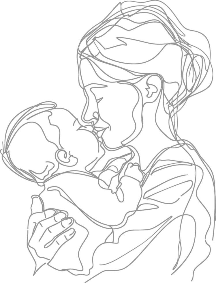 One continuous line drawing of mother holding baby black color only vector