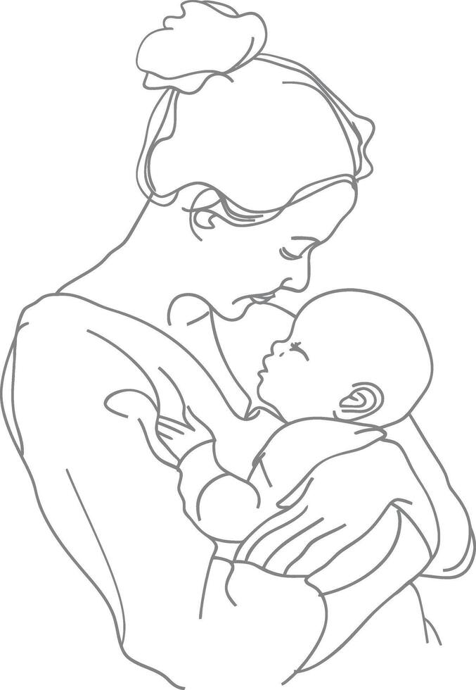 One continuous line drawing of mother holding baby black color only vector