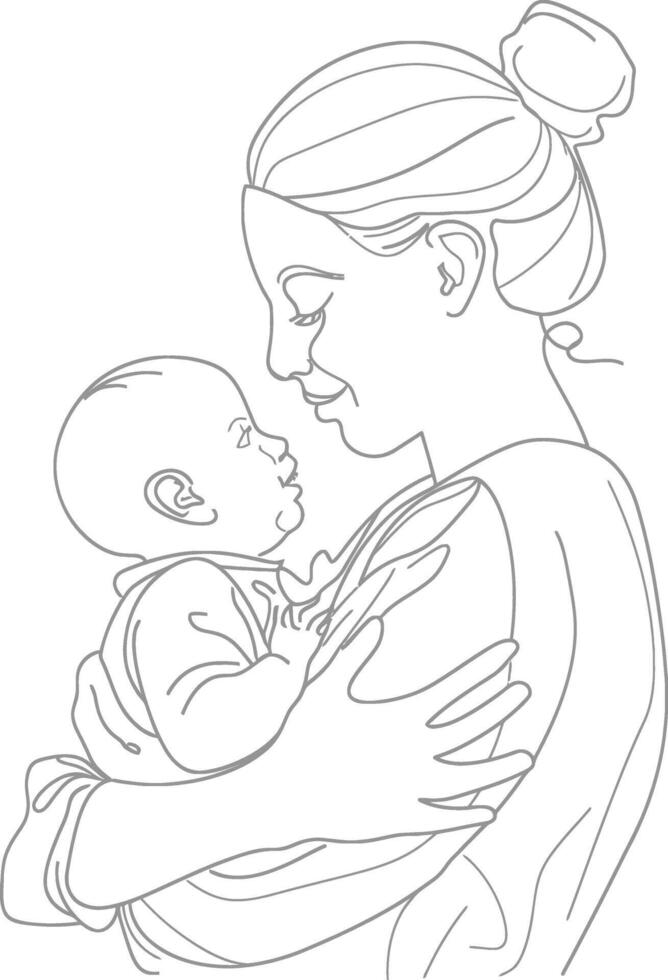 One continuous line drawing of mother holding baby black color only vector