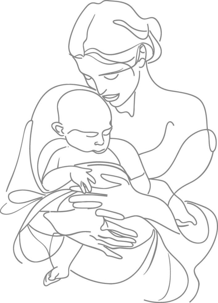 One continuous line drawing of mother holding baby black color only vector