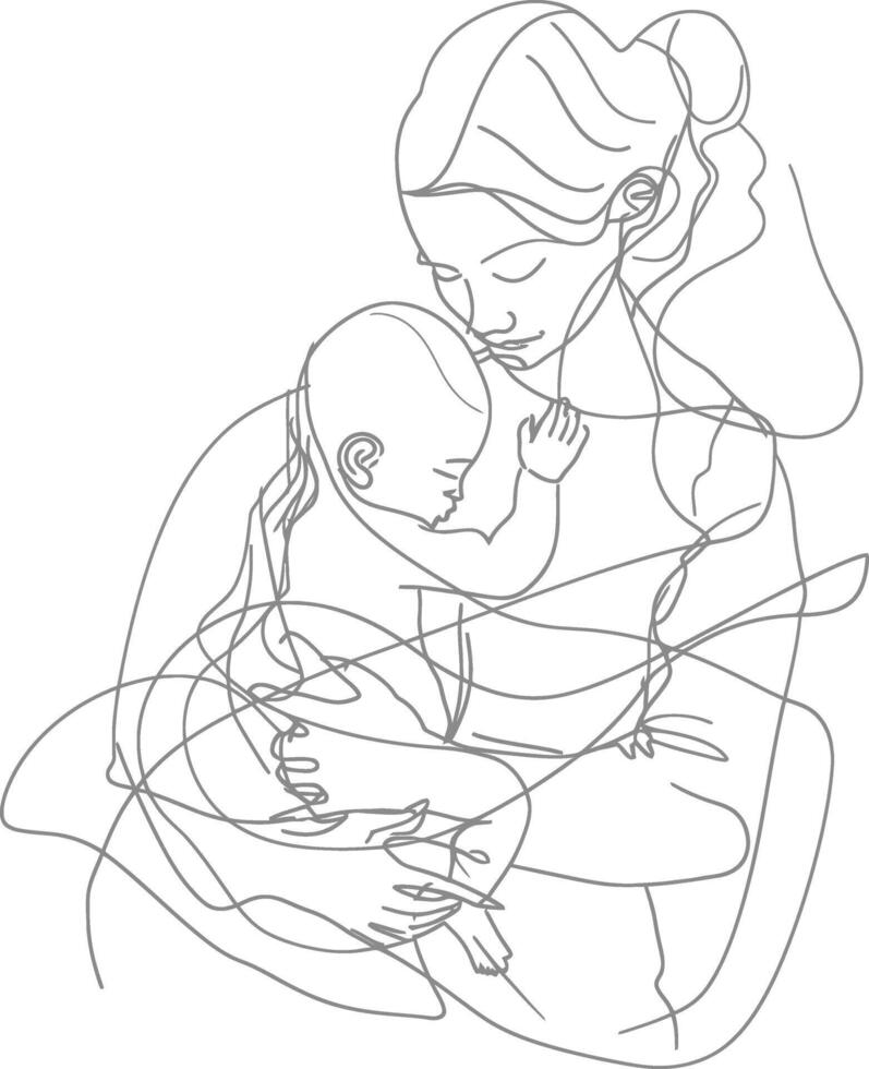 One continuous line drawing of mother holding baby black color only vector