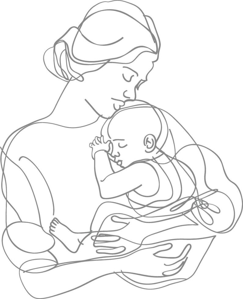 One continuous line drawing of mother holding baby black color only vector