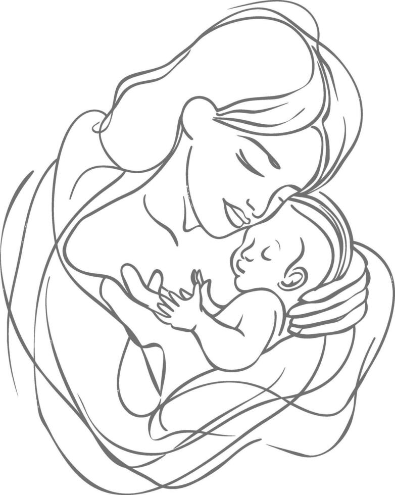 One continuous line drawing of mother holding baby black color only vector